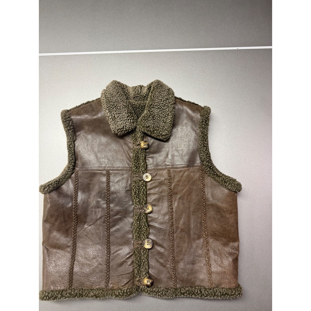 Climate Zone Brown Leather Vest Faux Shearling Trim Quilted Lining Small RN72882